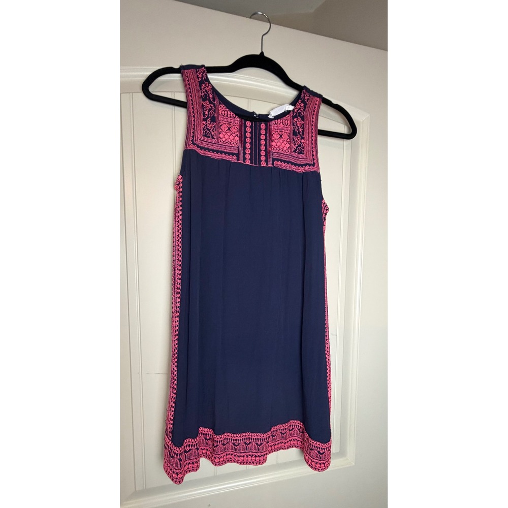 Blu Pepper Navy Blue Neon Pink Embroidered Boho Shift Mini Dress Small BA3263